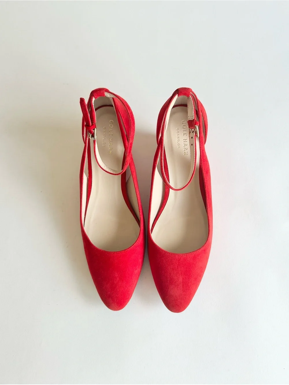 New Cole Haan Red Suede Leather Almond Toe Ankle Strap Wedge Heels size 7.5